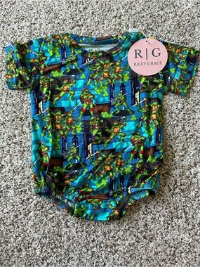 Vibrant Blue Green Ninja Turtle Print Kids One-Piece Bamboo Bodysuit